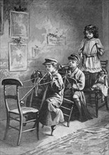 Children playing post chaise