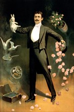 Zan Zig performing with rabbit and roses, including hat trick and levitation 1899