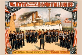Stage play of Dewey with his Sailors in front of Battleship Olympia 1898