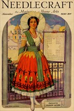Hispanic holds up a lace design on a frame 1930