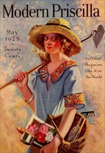 Young grils has a hoe & a gardening basket 1925
