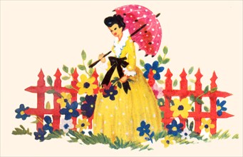 Pretty Maiden and Parasol along the Flower Fence 1935