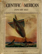 Scientific American Cover from 1925 showing a dirigible docking to a ship at sea.