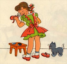 Girl Polishes her shoes as a cat looks on