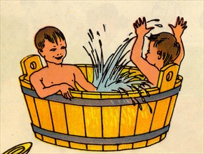 Two Boys Bathe in a Wooden Barrel Tub