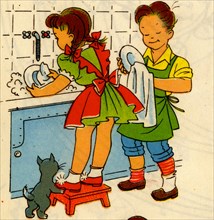 Boy & Girl Wash the dishes in the sink