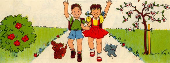Boy & Girl on the way to school with dog & Cat