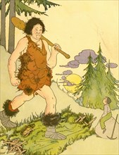 Giant with Club lords over a young boy as the huge man alights from the forest 1910
