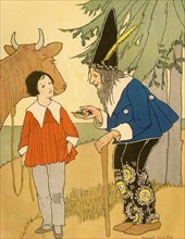 A child with a cow is greeted by a Wizard with Magic Beans 1910