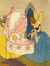 Fairy God Mother holds a magic wand over an infant in crib 1910