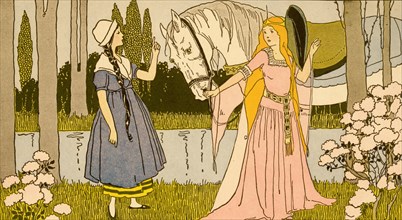 Princess holds the reins of a white horse and speaks to another young girl 1910