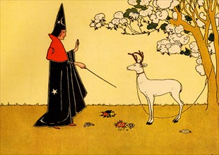 Sorcerer Hold a wand over a young deer with antlers 1910