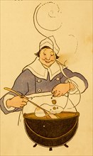 Woman chef adds to a recipe over a boiling pot 1910