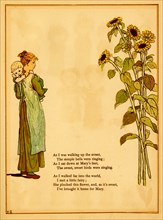 Girl holds baby and thinks of picking sunflowers 1875