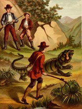 Hunter tries to lasso an iguana that is larger than himself 1880