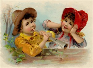 Young Boy blows a wind instrument to the dissatisfaction of a young girl 1900