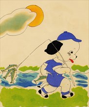 Anthropomorphic, dog has a reel of fish 1900