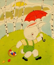 Anthropomorphic bunny with an umbrella totes Easter eggs 1900