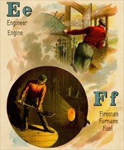 Railroad ABC - E is fro Engineer & Engine, F is for Fireman & Fuel 1890