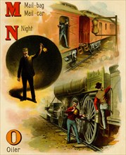 Railroad ABC- M is for Mailbag & Mail Car, N is for Night & O is for oiler 1890