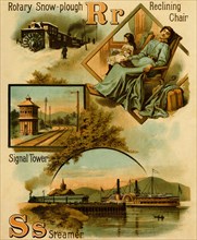 Railroad ABC - R is for Rotary Snow plow & Reclining Chair & S  is for Signal Tower, & steamer 1890