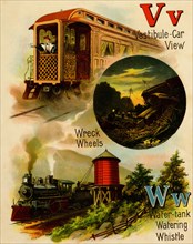 Railroad ABC - V is for Vestibule Car view & W is Wreck, wheels & Water tank, Watering & Whistle 1890