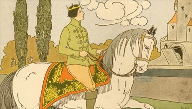Prince rides a white horse as he approaches the castle 1910