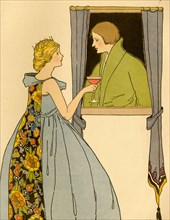 Princess serves a goblet of wine to a young lad at the window 1910
