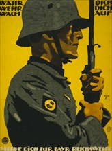 Wahr dich, Wehr dich, Wach auf. Melde dich zur Bayr. Reichswehr;  Defend yourself, protect yourself, wake up. Enlist in the Bavarian Reichswehr. 1919