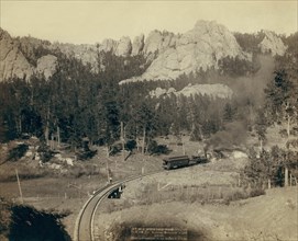 Birds-eye view of locomotive on a Horse Shoe Curve 1891