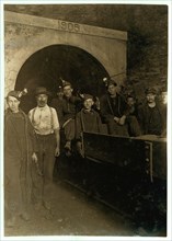 Main entrance, Gary W. Va. Mine. Drivers and miners going to work 7 A.M.  1908