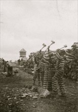 African American convicts working with axes, watchtower in background, Reed Camp, South Carolina 1934
