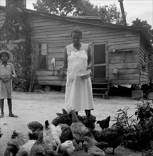 African American woman feeds chicks outside of her cabin while a young girl looks on 1939