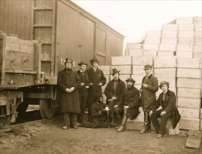 Aquia Creek Landing, Va. Clerks of the Commissary Depot by railroad car and packing cases 1863