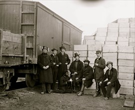 Aquia Creek Landing, Va. Clerks of the Commissary Depot by railroad car and packing cases 1863