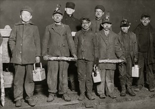 At the close of the day. Just up from the shaft. All work below ground in a Pennsylvania Coal Mine. 1908