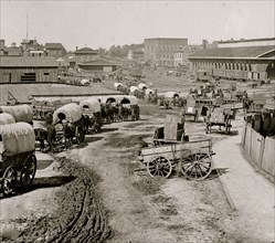 Atlanta, Georgia. Federal army wagons railroad depot 1864
