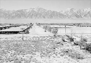 Manzanar from Guard Tower, view west (Sierra Nevada in background),  1943