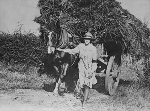 British woman with hay wagon