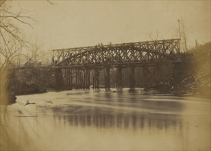 Building military railroad truss bridge across Bull Run, April, 1863 1863