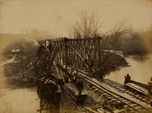 Building military railroad truss bridge across Bull Run, April, 1864 1863