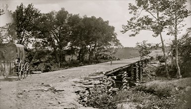 Bull Run, Va. New bridge built by McDowell's engineers; photographer's wagon at left 1862