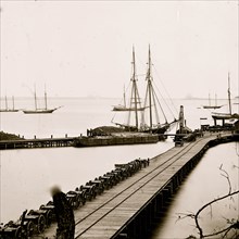 City Point, Va. Wharf, Federal artillery, and anchored schooners 1863
