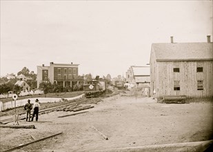 Culpeper Court House, Virginia. View near depot showing locomotive on Orange & Alexandria Railroad 1862