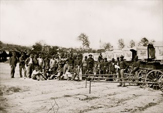 Falmouth, Va. Men and wagons of the Engineer Corps ambulance train 1863