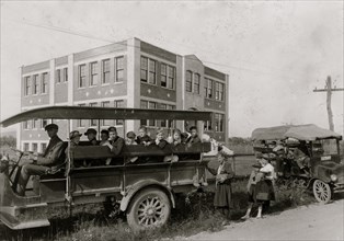 Greenbank Consolidated School. Loading up the buses for a six-mile haul 1921