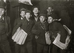 Group of Newsboys on Frankfort Street near World Building. 1908