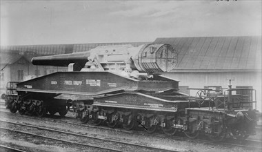 Huge Krupp Manufactured German Artillery Cannon being transported by Rail Car 1918
