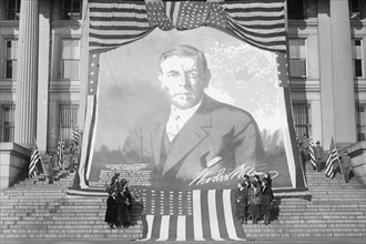 Huge Woodrow Wilson Painting on Fabric Draped in Front of Government Building 1920