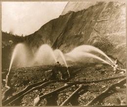 Hydraulic mining - behind the pipes in the Kennebec Claim, Birchville, Nevada County 1866